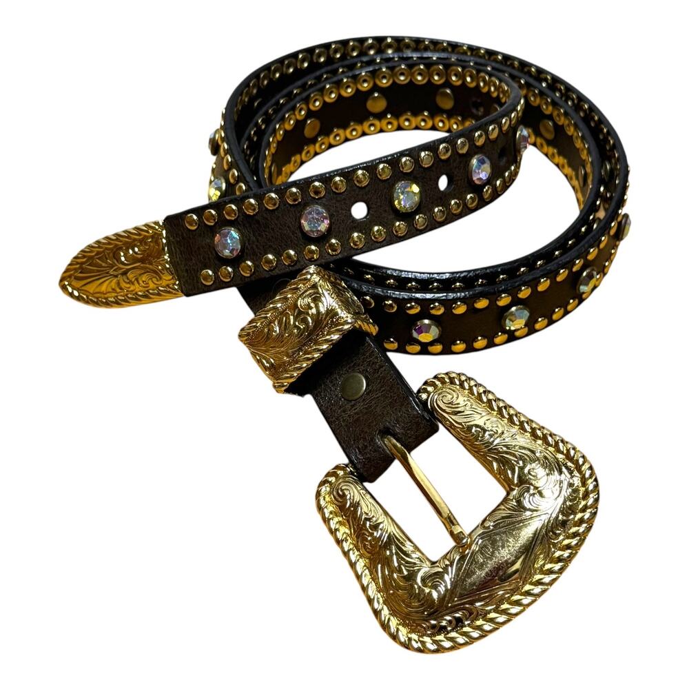Nocona Studded Jeweled Rhinestone Genuine Leather Western Belt Brown Gold Large